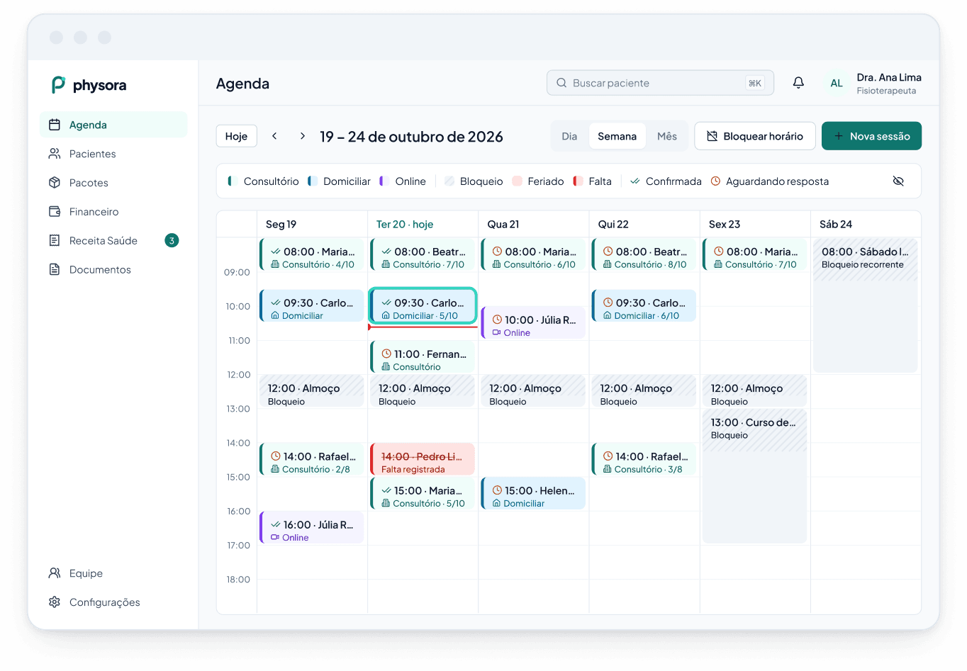 Agenda da semana no Physora, com sessões, bloqueios e confirmações